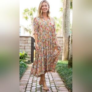 Natural Life Dress Womens Large Rebecca Floral Tiered Midi Pocket White Fuchsia